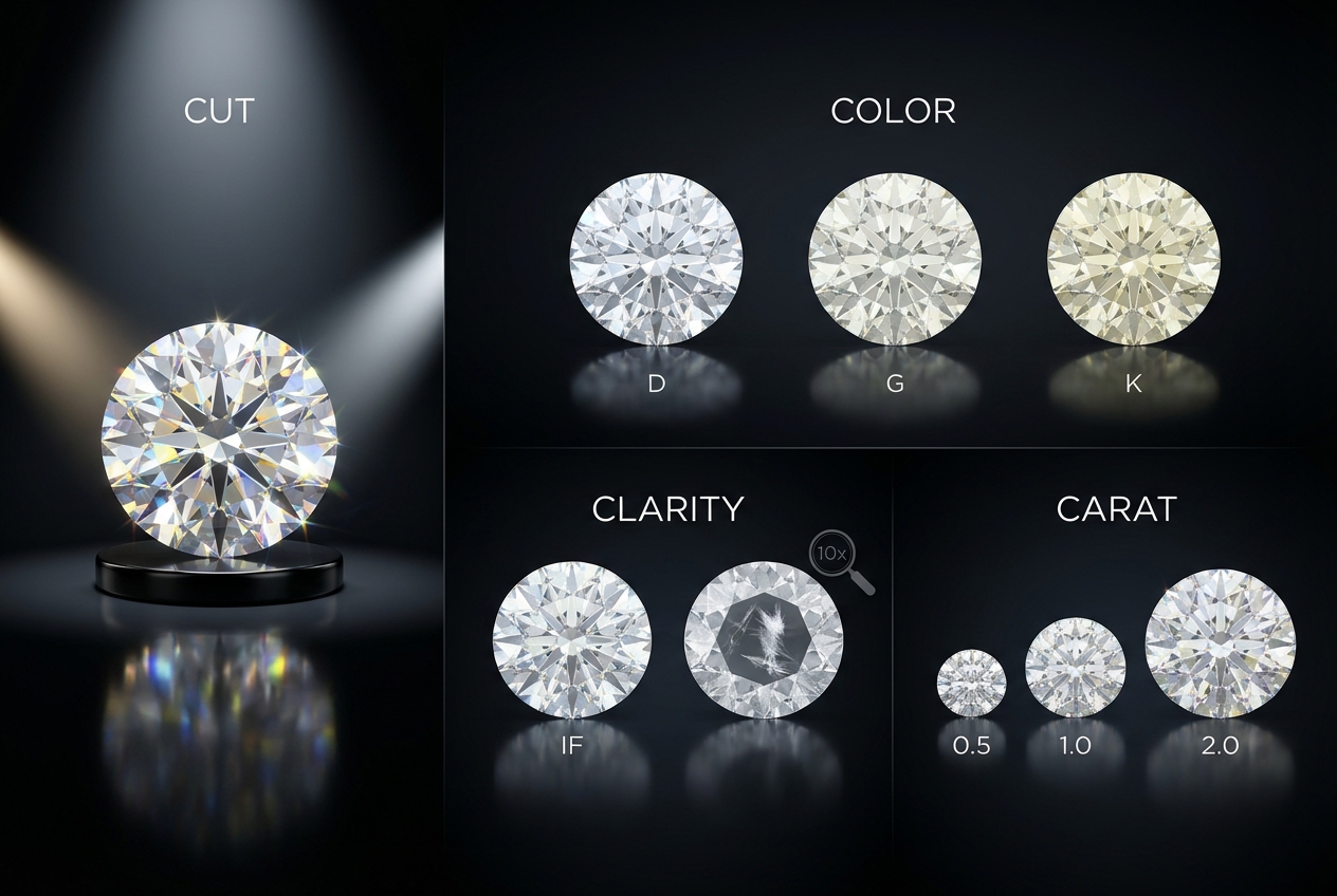 Las 4Cs del diamante explicadas: corte, color, claridad y quilates con ejemplos visuales