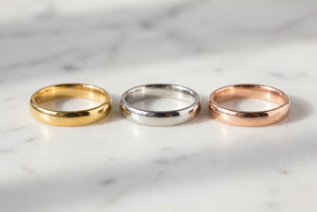 Tres bandas de oro mostrando los tonos de oro amarillo, oro blanco y oro rosa lado a lado