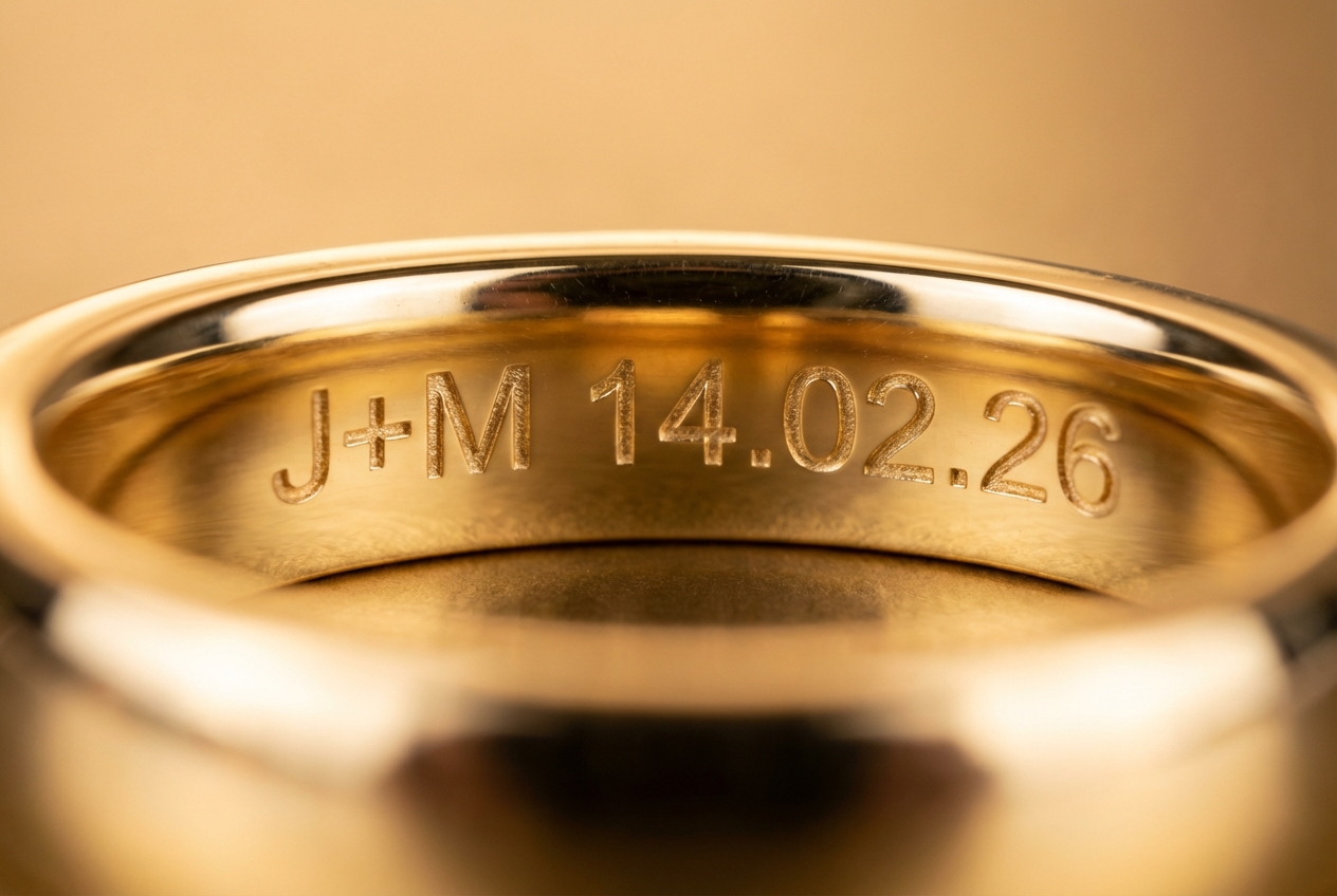 Interior de anillo de oro con grabado láser personalizado mostrando fecha e iniciales