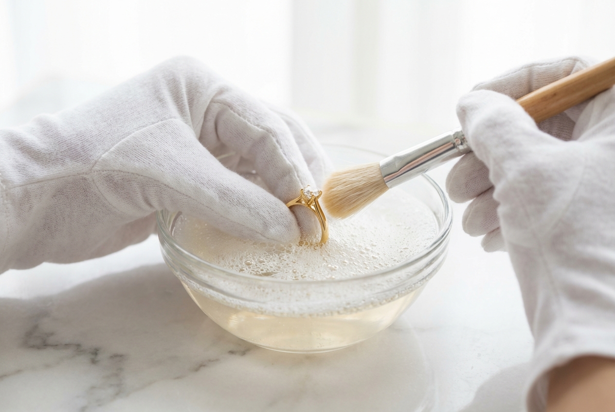 Proceso de limpieza de anillo de oro con diamante: cepillado suave con agua jabonosa tibia